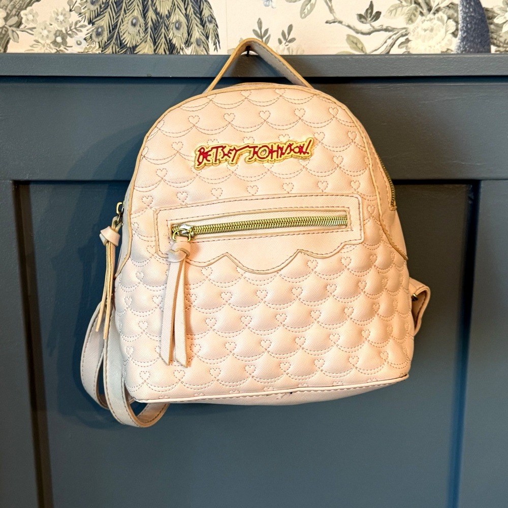 Betsey Johnson Mini Backpack – Pastel Pink Quilted Hearts – Floral Lining –Purse